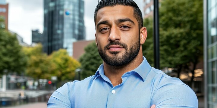 A man is standing confidently outdoors with his arms crossed. He is dressed in a blue shirt and poses in an urban area filled with modern architecture and greenery during the day