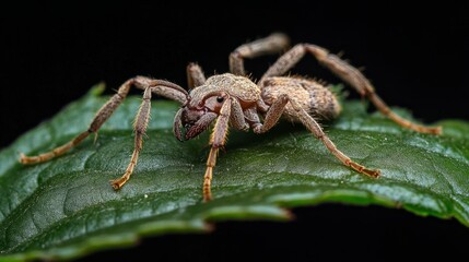 Detailed Macro Shot of Spider on Leaf Against Dark Background