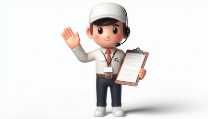 Friendly service representative character digital art cartoon style soft colors cheerful concept