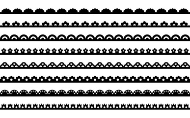 Scallop lace line. Frame border with pattern. Ribbon with ornament on fabric. Set of vector illustrations with stripes isolated on white background.