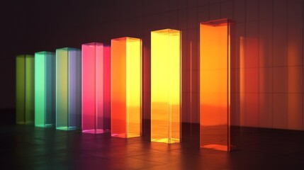 Obraz premium A row of vibrant, glass-like bars in a financial bar chart, with each bar glowing softly against a sleek, dark grid background, representing economic growth