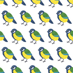Seamless pastel pattern of bright birds. A spring painting on a white isolated background. Image for wallpaper, clothing, banners, postcards