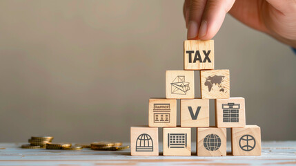 Taxation concept with stacked wooden blocks and financial icons