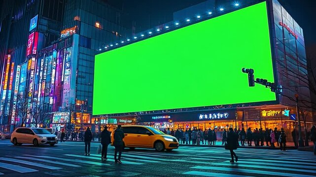 Green Screen Billboard at Night: A vibrant green screen billboard dominates a bustling city street at night, offering a blank canvas for advertising and design possibilities.