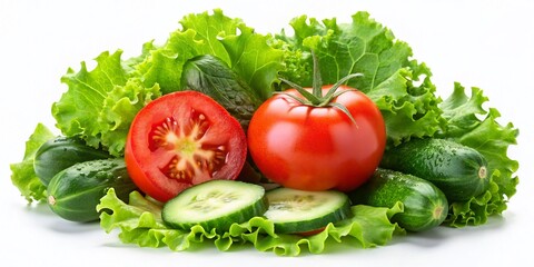 Fresh Cut Tomato, Cucumber & Lettuce on White Background - Isolated Vegetables Stock Photo