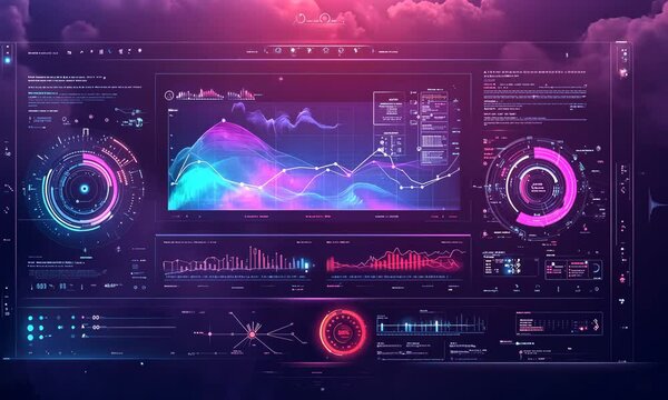 Futuristic data visualization dashboard displaying vibrant graphs and analytics in a cosmic setting