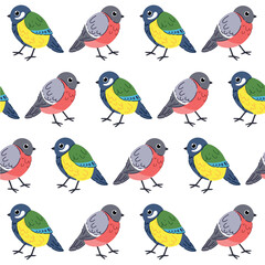 Seamless pastel pattern of bright birds. A spring painting on a white isolated background. Image for wallpaper, clothing, banners, postcards