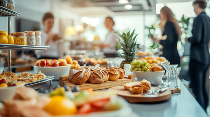 Fototapeta premium An elegant buffet spread with pastries, fruits, and refreshments, setting a sophisticated scene for a gathering or event.