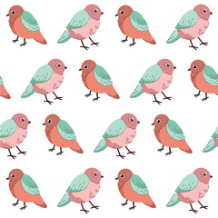Seamless pastel pattern of bright birds. A spring painting on a white isolated background. Image for wallpaper, clothing, banners, postcards