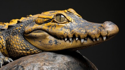 Fototapeta premium A baby alligator is laying on a rock. The baby alligator has a yellow and brown pattern on its face