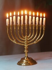 Fototapeta premium A beautiful gold candelabra with lit candles on it is placed on a table. The candles are evenly spaced and lit, creating a warm and inviting atmosphere. The candelabra is a centerpiece
