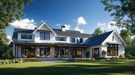 Obraz premium Blue sky and modern farmhouse style luxury home exterior