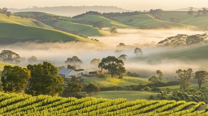 Fototapeta premium Soft Morning Light Filtering Through Rural Fog