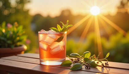 Refreshing sorrel drink with ice on balcony at sunset, summer relaxation