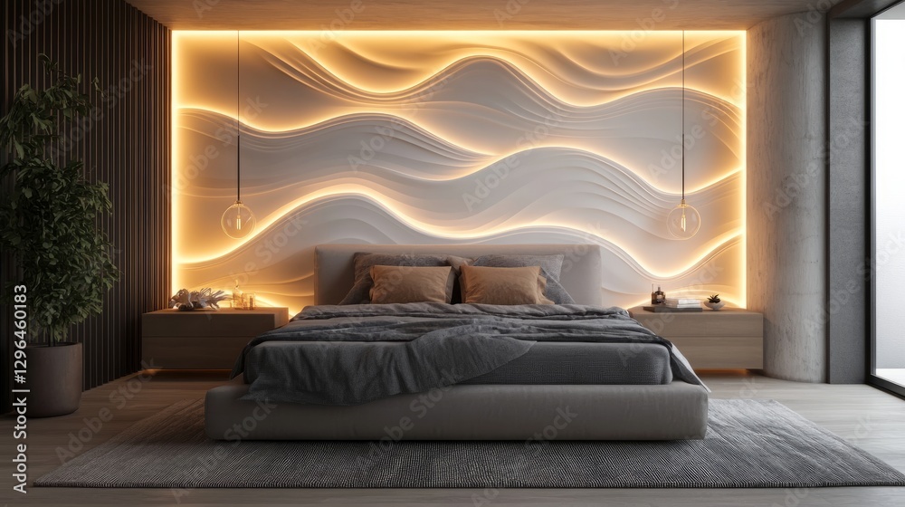 Canvas Prints Minimalist luxury bedroom with a wave-patterned accent wall, illuminated by recessed LED lights for a warm glow. 3D rendering