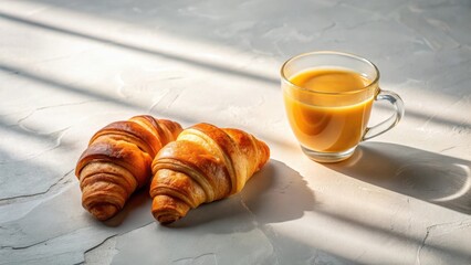 Golden Hour Breakfast Two Flaky Croissants and a Warm Beverage on a Textured Surface