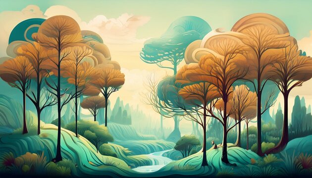 arboreal shapes in a textured artistic landscape a vibrant paint design mura showcasing rich arborical forms and layered woodland scenery