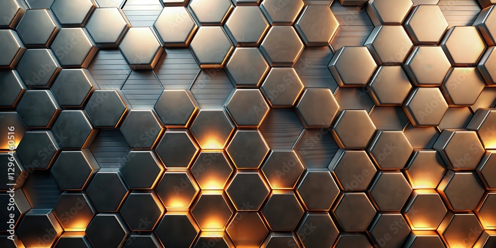 Wall mural abstract hexagonal metallic surface with warm inner glow