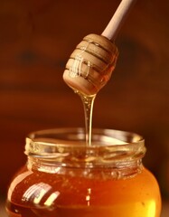 A close-up of a honey dipper in a jar of golden honey, with the honey dripping in slow motion, capturing the smooth, glossy texture and rich color.
