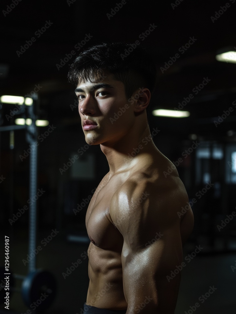 Poster muscular man showcasing strength and dedication in a gym during evening workout session. generative 