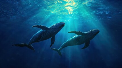 Fototapeta premium Two large whales swimming gracefully through the deep ocean water