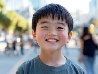 A young boy with a big smile on his face. He is wearing a green shirt. Concept of happiness and joy