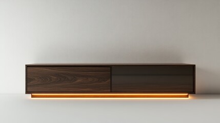Minimalist TV unit with dark wood finish, under-glow LED lighting, and smart storage solutions on a clean white wall. 3D rendering