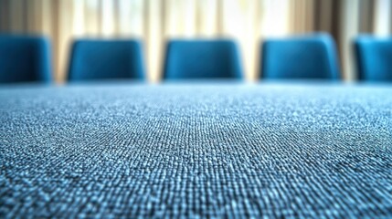 Fototapeta premium Meeting table surface, blue chairs blurred background, business meeting preparation