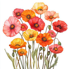 Fototapeta premium Watercolor painted illustration evokes joy and vibrant beauty of poppies