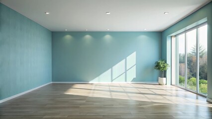 Fototapeta premium Serene Empty Room with Light Wood Floor and Teal Walls, Ideal for Interior Design and Home Decor Projects