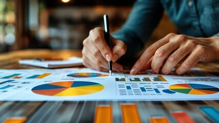 Data Analysis: A close-up shot captures the hands of a professional working diligently, reviewing and analyzing colorful charts and graphs filled with statistical information. - Powered by Adobe