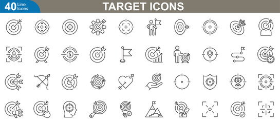 Target icons set. Vector illustrations representing precision, accuracy, goal achievement, business success, marketing strategy, performance tracking, focus, planning and more.