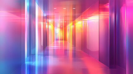 A futuristic corridor with rainbow reflections on mirrored walls, creating a vibrant, dreamlike, and immersive space. . luminous infinite corridor. illustration. Infinity Mirror Corridor. Illustration