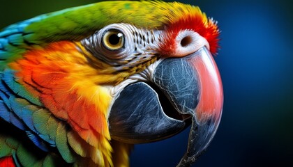 Obraz premium A close-up of a parrot’s beak, revealing sharp edges, subtle cracks, and glossy reflections, showcasing the intricate details and vibrant texture.