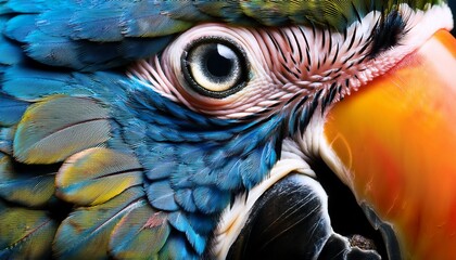 Fototapeta premium A close-up of a parrot’s beak, revealing sharp edges, subtle cracks, and glossy reflections, showcasing the intricate details and vibrant texture.