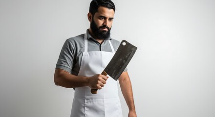 A traditional butcher in a white apron, holding a cleaver, preparing for Qurbani, set against a blank background