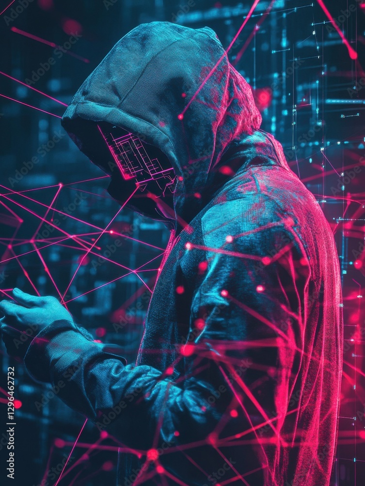 Poster cyber space security concept with faceless hacker in sport suit working with digital screen with lin