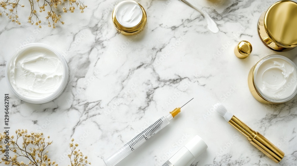 Poster detailed view of cosmetic containers and tools arranged on marble surface in bright light for beauty