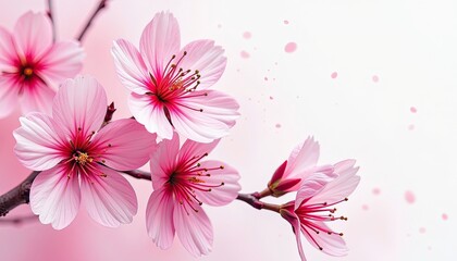Serene Cherry Blossom Scene: Soft Pink Petals Against A Gentle Background. A close up of pink flowers on a branch against a pink background.