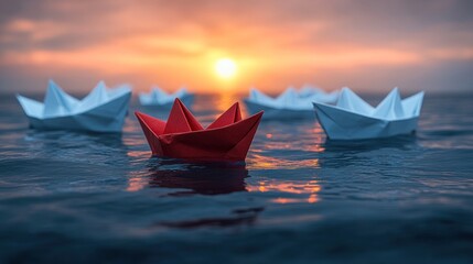 Obraz premium Red paper boat leads white boats at sunset. (1)