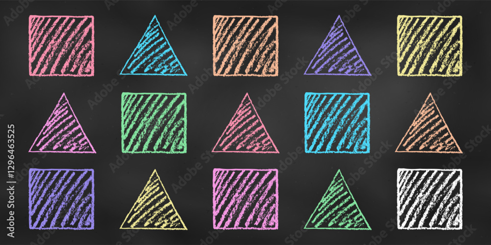Wall mural Hand-Drawn Chalk Sketch. Set of Design Elements Colorful Geometric Figures Isolated on Chalkboard Backdrop.