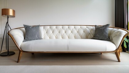 elegant white tufted sofa with curved back and wooden legs perfect for stylish living spaces