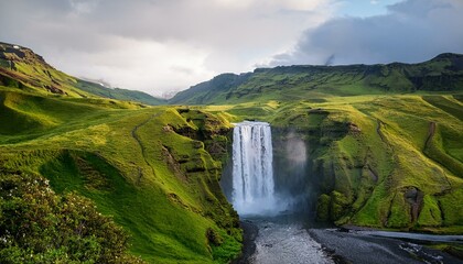 majestic waterfall in serene valley with lush green hills and flowing stream in iceland