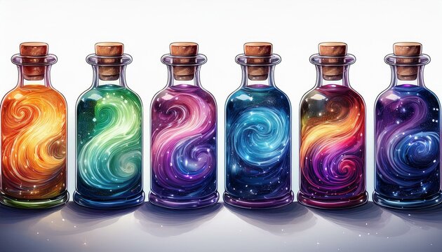 colorful swirling galaxy potion bottles creative art on white background