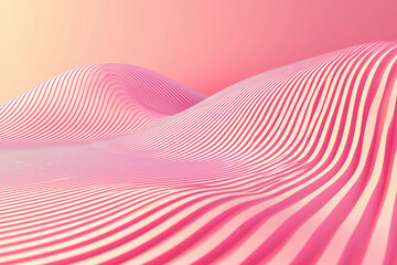Abstract 3D Wavy Landscape with Pink and White Stripes, Futuristic Minimalist Background, Digital Art Design with Smooth Flowing Curves and Gradient Pastel Colors