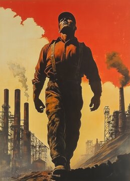 Heroic figure in soviet propaganda poster depicting industrial worker against red sky