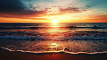 Fototapeta premium Sunset over an endless ocean horizon, waves glowing in warm golden hues, tranquil and serene beach background