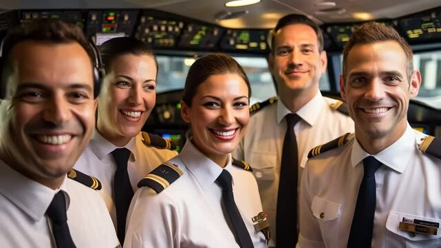 A group of professional airline pilots smiling inside the cockpit. The image represents teamwork, aviation, leadership, flight crew collaboration, and the professionalism of commercial airline pilots