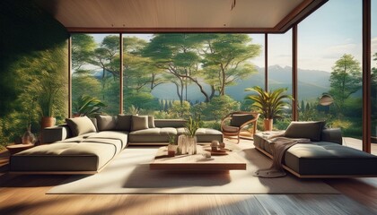 Obraz premium stylish living room featuring large windows and view of a lush outdoor landscape generative ai