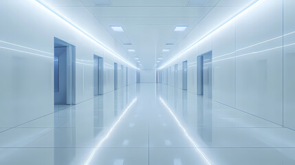 Obraz premium Futuristic data center corridor with infinity mirror effect pulsing blue led lights reflecting off polished floors creating a cyberpunk atmosphere. Infinity Mirror Corridor. Illustration